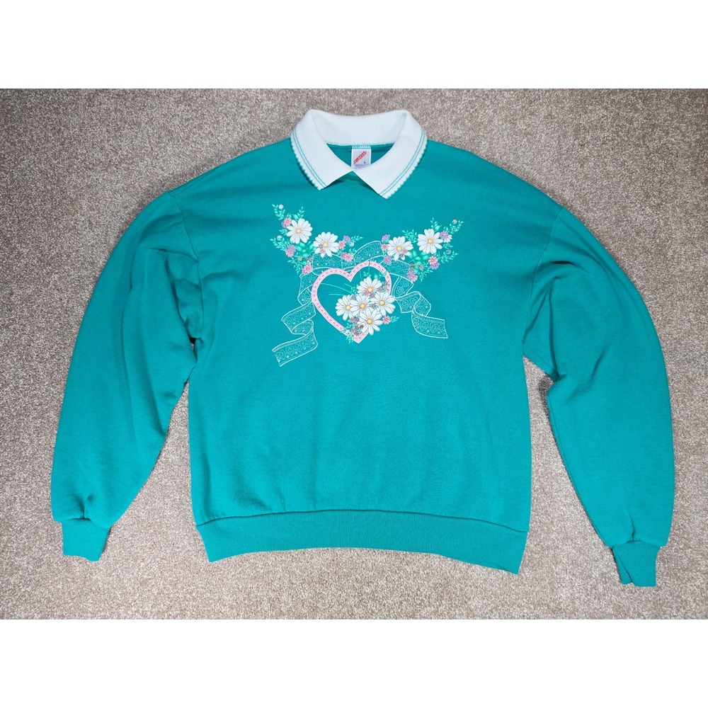Vintage Jerzees Teal Floral Heart Sweatshirt Grannycore White Collar Large USA